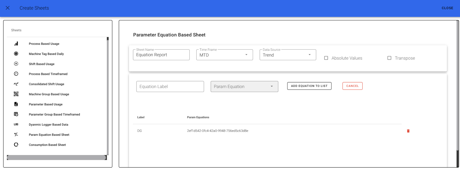 Parameter Equation Sheet List