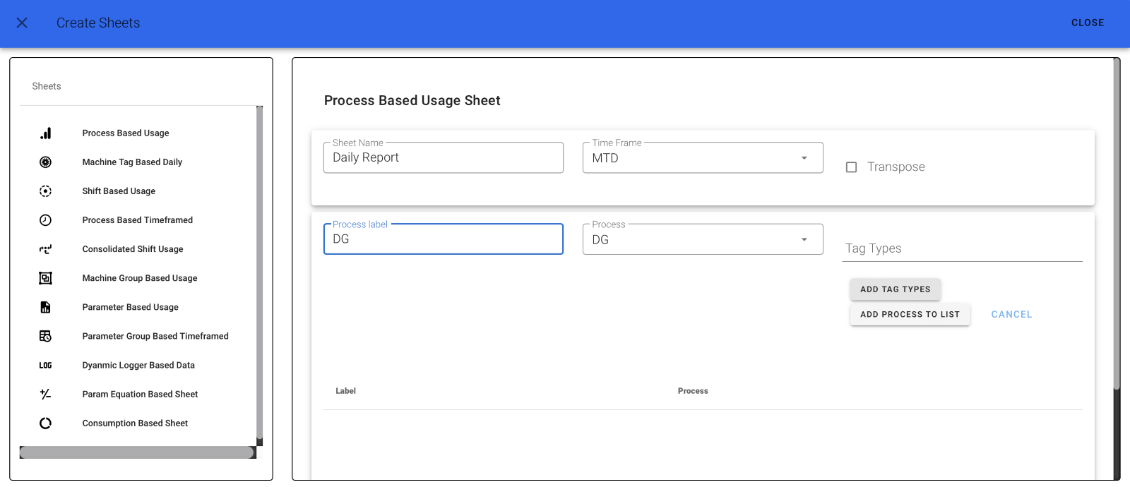 Form Filled Process Based Usage Sheet