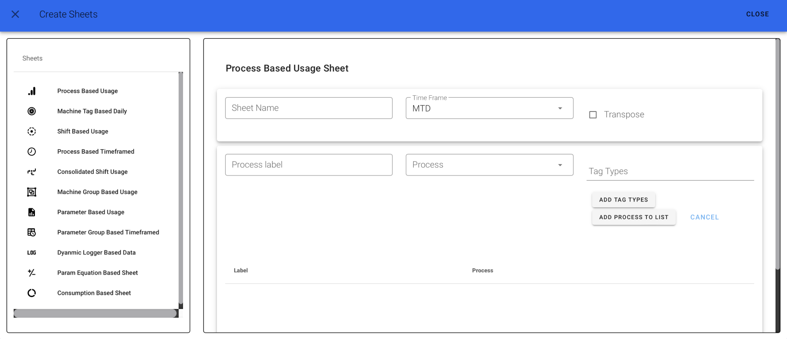 Process Based Usage Sheets Page