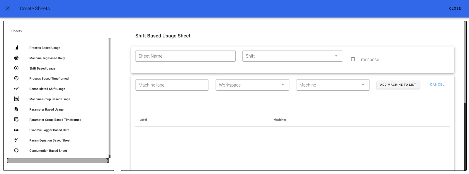 Shift Based Usage Sheet Form